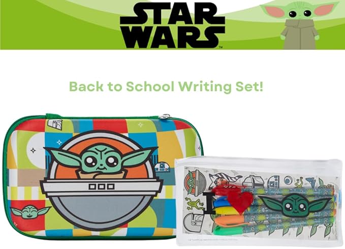 Innovative Designs Star Wars Baby Yoda Mandalorian Pencil Case Set with Stickers and Gel Pens for Kids, Molded with Zip Closure, Green
