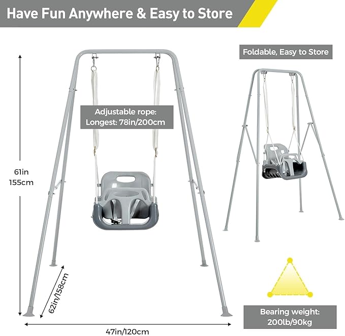FUNLIO Toddler Swing with Foldable Metal Stand for Toddlers Aged 1~10 Years, 3-in-1 Baby Swing Set with 4 Sandbags for Backyard/Indoor/Outdoor Play, Easy to Assemble & Store, Grey
