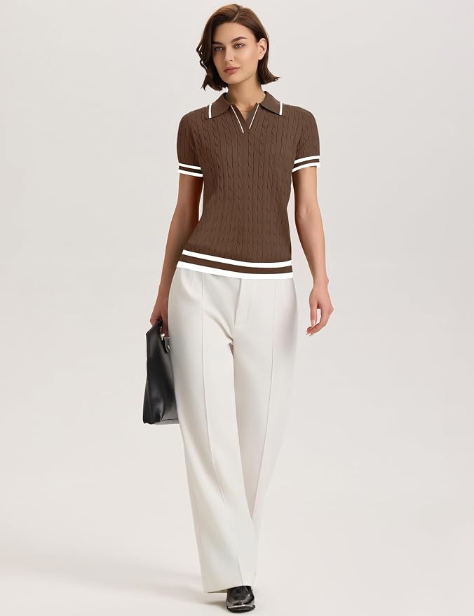 Micoson Womens Short Sleeve Sweater Tops Lapel V Neck Polo Shirts 2026 | Summer Cable Knit Loose Blouses, Business Casual Outfits