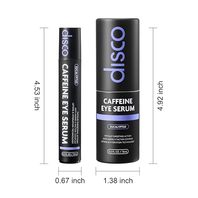 Disco Eye Serum, 12% Caffeine 8% Hyaluronic Acid, Niacinamide Peptides, Puffy Bags Fine Lines Dark Circles Wrinkles, Eucalyptus - Moisturizing Vitamin C 360° Roller Massage Ball Anti-Aging Cream 0.5oz