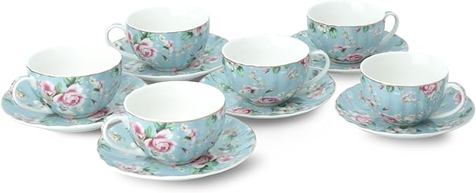 BTaT- Floral Tea Cups and Saucers, Set of 6, 7 oz, Fine Porcelain Teacup Set with Gold Trim for Afternoon Tea, Weddings, Parties & Gifting, Dishwasher Safe and Freezer Safe