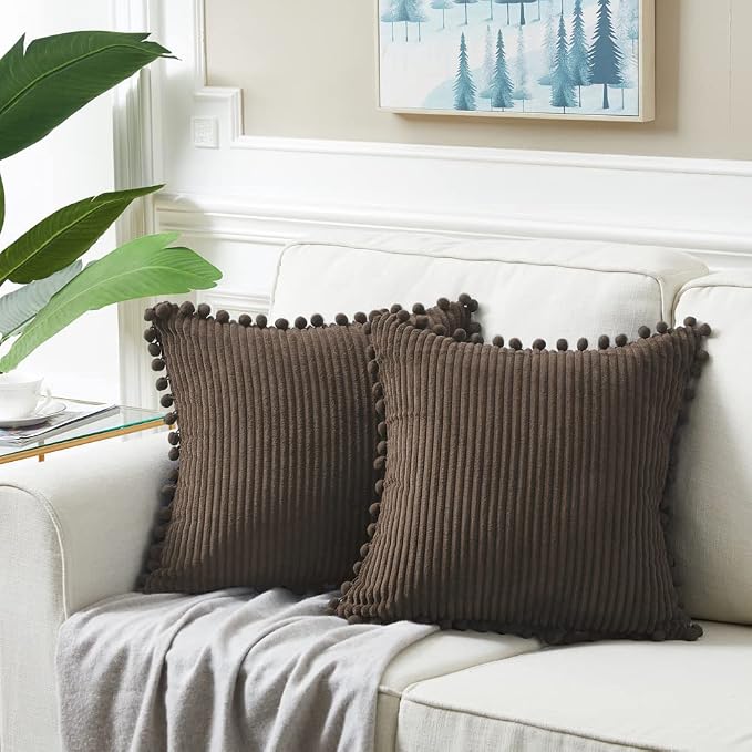 Fancy Homi Pack of 2 Dark Brown Decorative Throw Pillow Covers 12x12 Inch with Pom-poms for Couch Bed, Soft Corduroy Solid Square Cushion Case 30x30 cm, Farmhouse Boho Home Decor