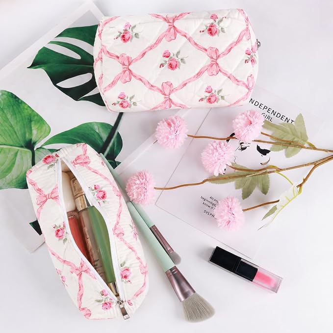 3 Pcs Makeup Bag Cosmetic Bag Set for Girls Women Travel Organizer Bathroom Toiletry Pouch Large Capacity Storage Bag(Pink Ribbon)