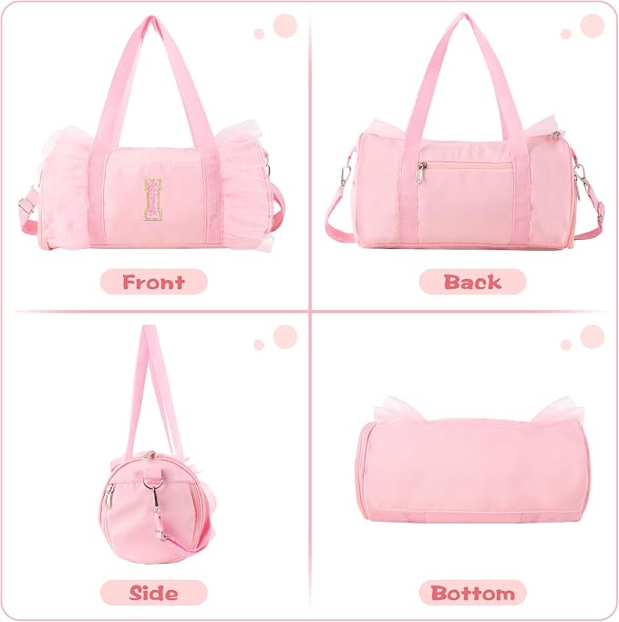 Personalized Initial Dance Bag for Girls 4-6, Small Lace Gym Sport Yoga Cheer Dance Bags Gift for Teen Girls, Cute Letter Kids Ballet Bag Toddler Travel Duffel Tote with Adjustable Straps(Pink-I)