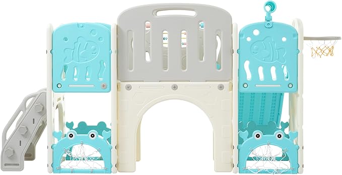 11in 1 Toddler Slide, Kid Slide for Toddlers Age 1-3 with Telescope, Basketball Hoop, and Telescope, Indoor Outdoor Playset Playground Blue Grey