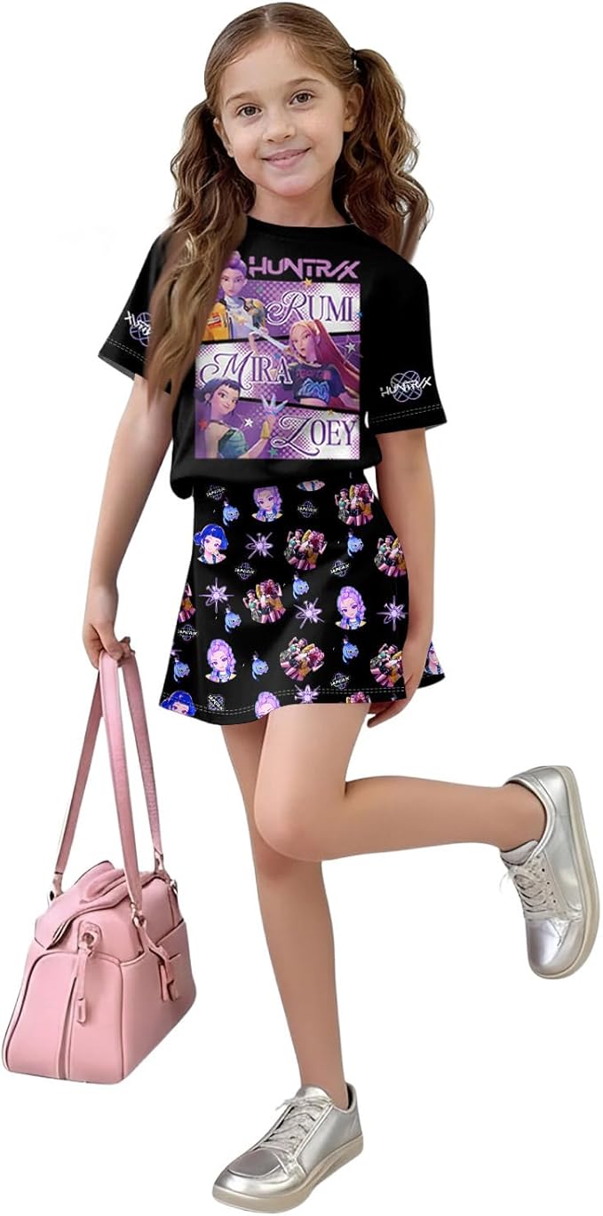HTHLVMD K Pop Short Sleeve T-Shirt and Skirts Outfits Set for Girls Hunters Rumi Mira Zoey Graphic Tees De-Mon Costume