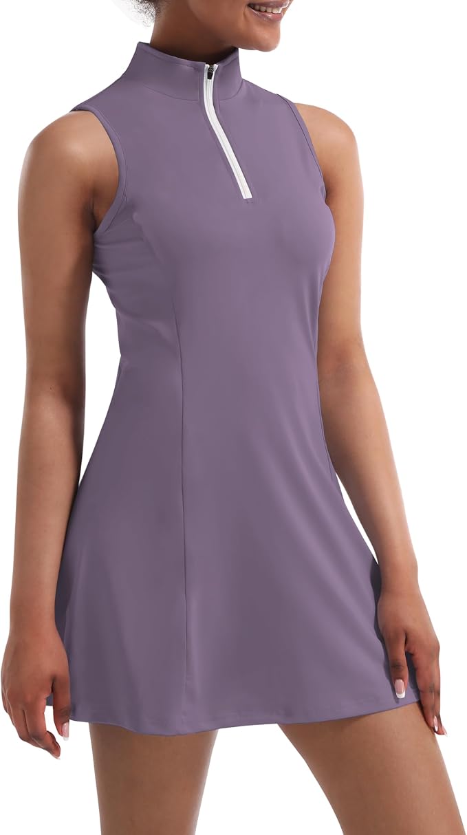 Tennis Dress for Women, Golf Dress with Shorts and Pockets Athletic Dress | Sleeveless Collared Half-Zipper Workout Sport Dress, Stretch Moisture Wicking Fabric, Tennis Golf Outfits