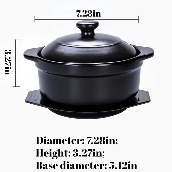 Korean Stone Pot, Ceramic Sizzling Hot Pot for Bibimbap Korean Stone Bowl with Lid and Trivet 40 oz Clay Pot for Cooking, Korean Cooking Pot, 1200ml, Black, for 1-2 people