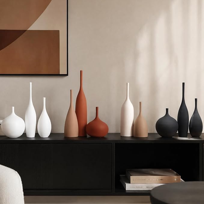 Black Ceramic Vases Set of 3, Modern Boho Vases for Centerpiece Decor, Matte Minimalist Decorative Vases for Home Decor, Living Room, Bookshelf, and Entryway Table Decor