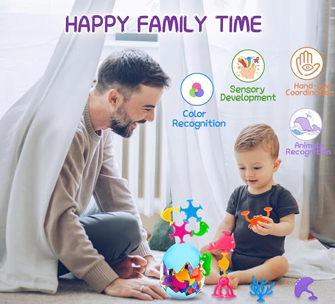 18PCS Suction Bath Toys for Toddler Kids, Mold Free Silicone Ocean Animals Suction Cup Bathtub Toys, No Hole Sensory Window Fidget Toys, Fun Creative Gift for Boys Girls with Eggshell