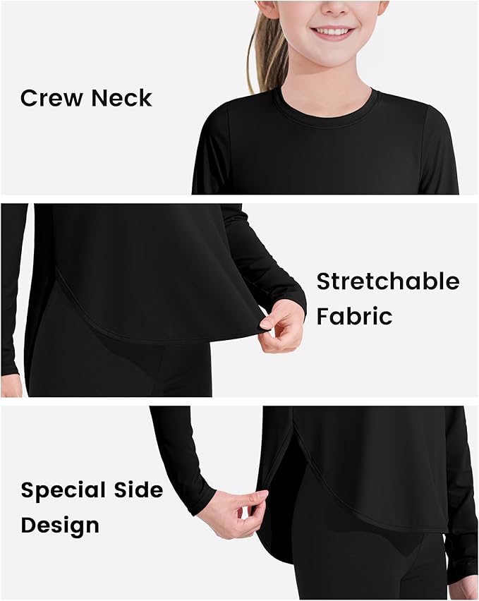 JOCMIC Girls Long Sleeve Shirts Kids Athletic Quick Dry UPF 50+ Sun Shirt Basic Tees for Gym Yoga Tops