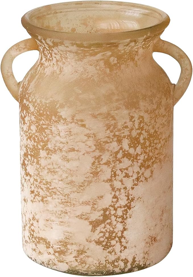 Glass Flower Vase with Handle- 8 Inches Rustic Imitation Ceramic Vase for Flowers, Vintage White Brown Centerpiece Decorations for Farmhouse, Modern Home, Table & Holiday Decorations