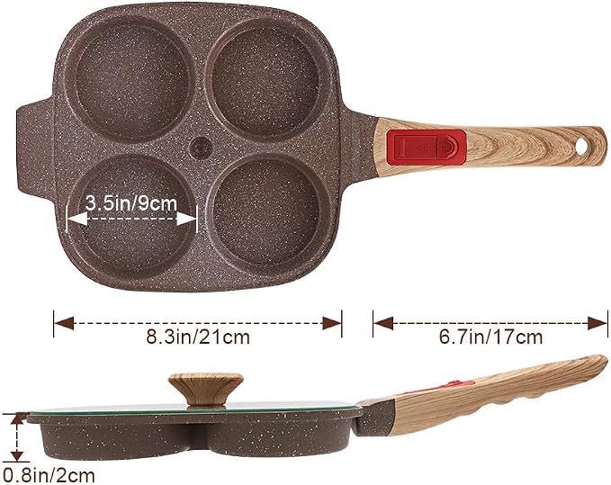 Ceramic Egg Frying Pan with Lid, Nonstick 4 Cup Fried Egg Pan - Brown | Detachable Handle, Omelette Pan Induction Compatible
