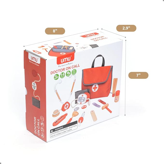 UMUยฎ Wooden Mini Doctor Kit for Kids โ 14 pcs Medical Playset for Toddlers with Stethoscope, Syringe, Doctor Bag, Blood Pressure Cuff & More โ Pretend Play Set for Boys and Girls Ages 3 4 5 6