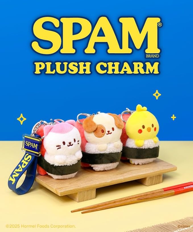 Anirollz Kittiroll SPAM® Musubi Plush Charm – Cute Mini Plush Keychain with SPAM® Can Charm & Lobster Clasp