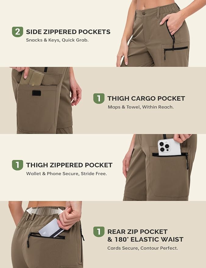 Cycorld Women's-Hiking-Pants-Convertible Quick-Dry-Stretch-Lightweight Zip-Off Outdoor Pants with 5 Deep Pockets