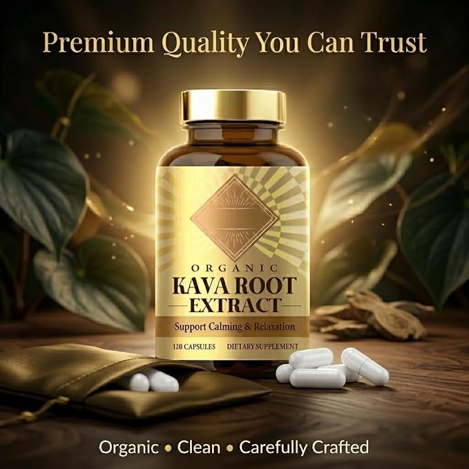 Organic Kava Root Extract - 120 Capsules, Standardized Kava Kava Herbal Supplement to Support Relaxation, Traditional Pacific Plant Powder Blend for Promoting Calming Comfort
