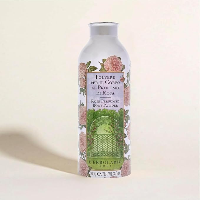 L'Erbolario Rose Perfumed Body Powder - Naturally Enticing Floral Scent with Rose, Jasmine, and White Musk - No Silicones, Parabens Or Petrolatum - Perfectly Refreshing for All Skin Types - 3.5 Oz