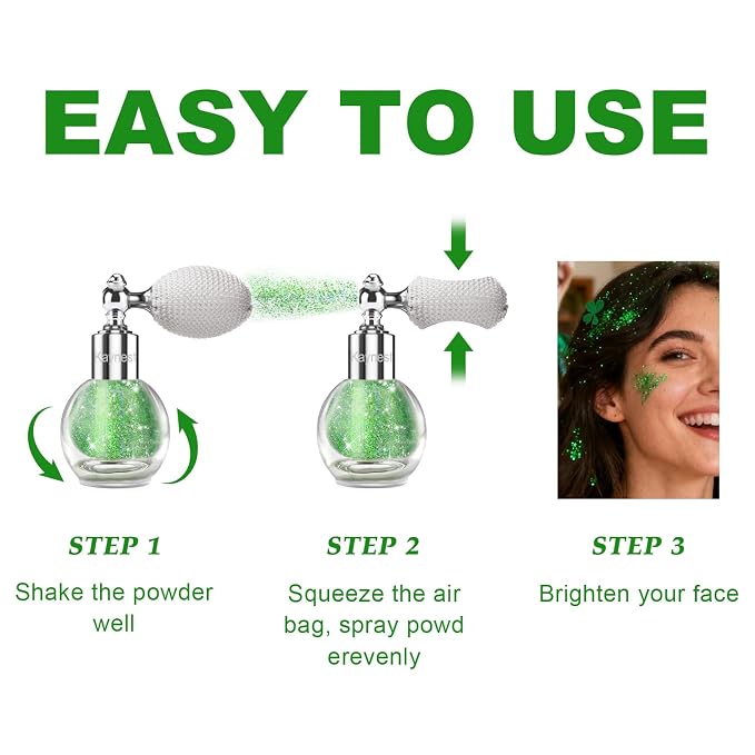 Green Face and Body Highlighter Spray for St. Patrick's Day Makeup, 0.14oz | High Gloss Powder, Waterproof Shimmer Spray for March 17th Mardi Gras Carnival Music Festival Outfits Rave Accessories