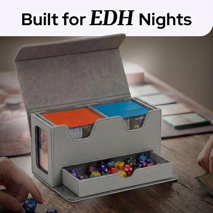 Card Deck Box Fits 200+ Double Sleeved,Commander Deck Box for Magic the Gathering with Dice Tray & Toploader Display,2 Dividers