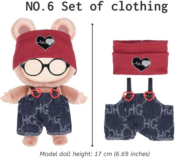 ebuddy 6 Sets 17cm Plush Dolls Clothes - Dress Up Doll Clothing Set Replacement Outfit Collection with Hats & Accessories (No Doll No Glasses)