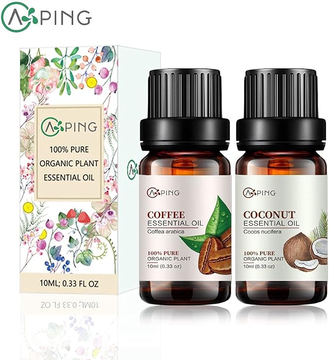 Coffee & Coconut Essential Oils - 100% Pure Organic Natural Plant Oils for Diffuser, Aroma, Spa, Massage, Yoga, Perfume, 2x10ML