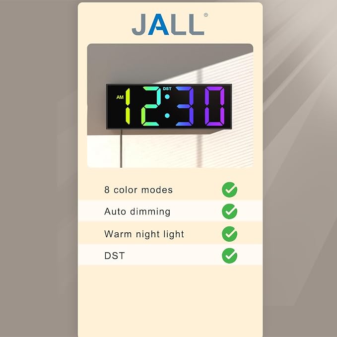 JALL Digital Wall Clock Large Display with Big LED Numbers, Remote Control, 8 RGB Colors, Auto DST, Night Light for Classroom Living Room Bedroom Birthday Gift for Senior, Men Women (Black)