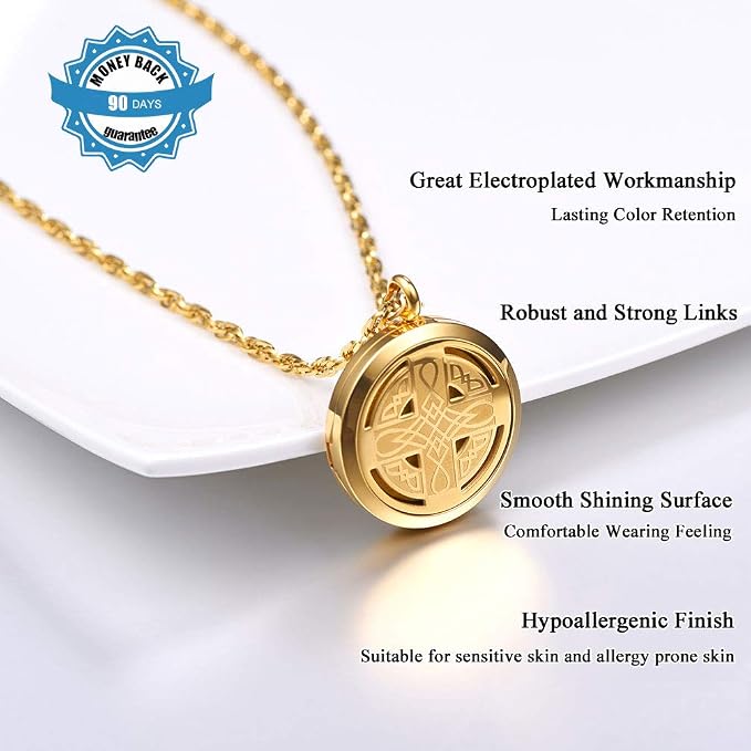 PROSTEEL Diffuser Necklace Locket Essential Oil Aromatherapy Celtic Knot Cross Pendant Gold Plated 30mm Round Womens Jewelry