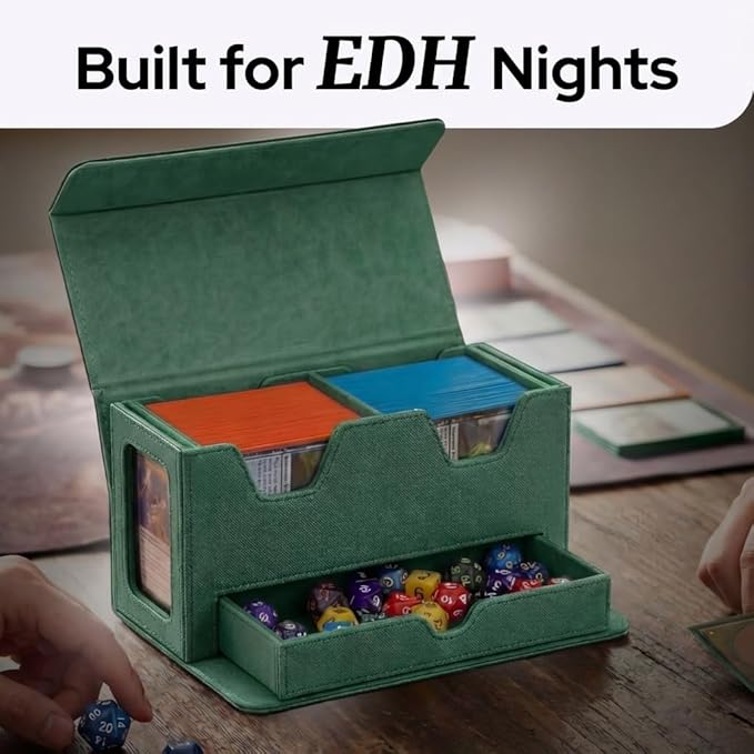 Card Deck Box Fits 200+ Double Sleeved,Commander Deck Box for Magic the Gathering with Dice Tray & Toploader Display,2 Dividers