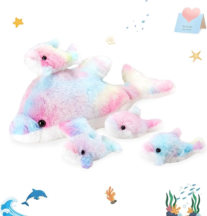 WEWILL 17-Inch Rainbow Dolphin Plush Toy with 4 Baby | Soft & Cuddly Stuffed Family Set | Colorful Dolphin Plush Gift for Kids