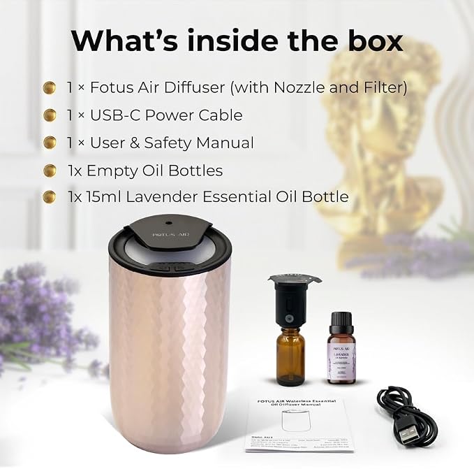 Waterless Essential Oil Diffuser Starter Kit with 15ml French Lavender Oil - Rechargeable Cordless Aromatherapy Machine for Home Bedroom Car Office Travel - 3 Mist Levels - 4 Timer - 24-Hour Battery