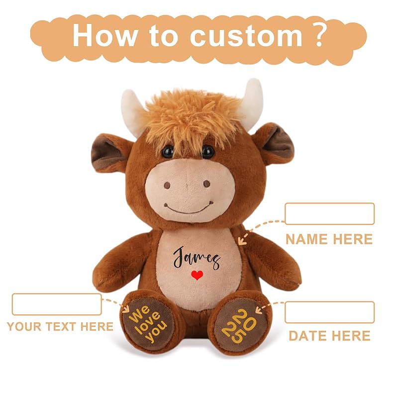 Personalized Highland Cow Stuffed Animal, Farm Cattle Plushie with Custom Name Date Message, Cute Scottish Highland Cows Gift for Baby Kids Adults Women (Brown Cow, 11 Inch)