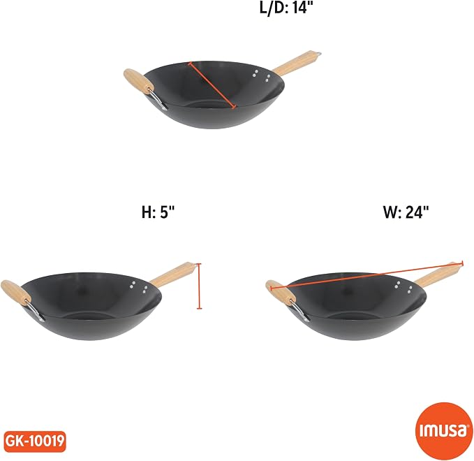 IMUSA 14 Inch Carbon Steel Nonstick Wok with Wood Handles, Black | Heats Quickly, Great for Healthy Family Meals