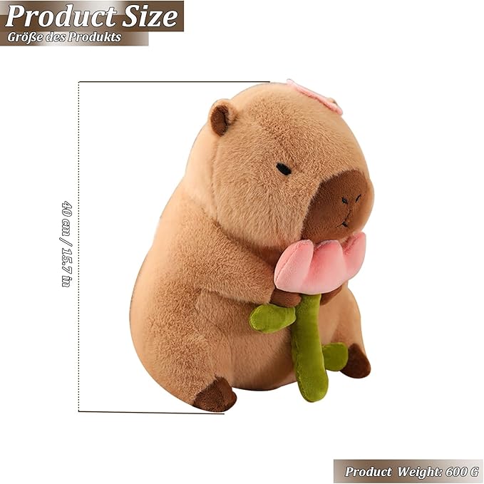 Capybara Plush Soft Animal Plush Toy Doll Pillow with Rose, Cute Capybara Stuffed Animal Plush Doll, Capybara Plushies Stuffed Toy Rodent Stuffed Animal Doll Gifts for Adults Kids Boys Girls (16 inch)