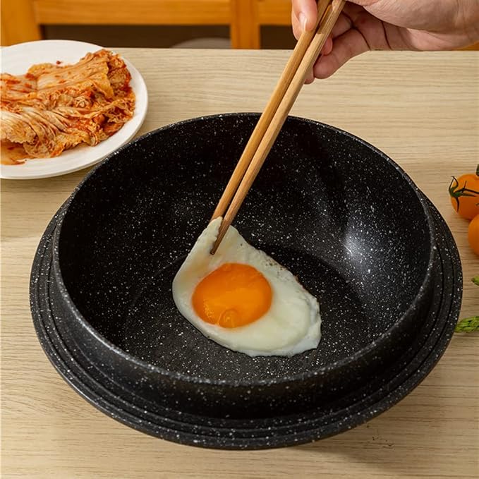 Cast Aluminum Pot with Lid, 7 in Non-Stick Casserole Dish Korean Stone Bowl Induction Compatible, Black
