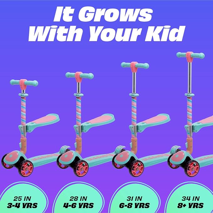SKIDEE Kick Scooter for Kids Foldable 3 Wheel Scooter with Lean-to-Steer, Adjustable Height, Removable Seat & LED Light Wheels | Toddler Scooter Up to 12 Year Old Boys/Girls