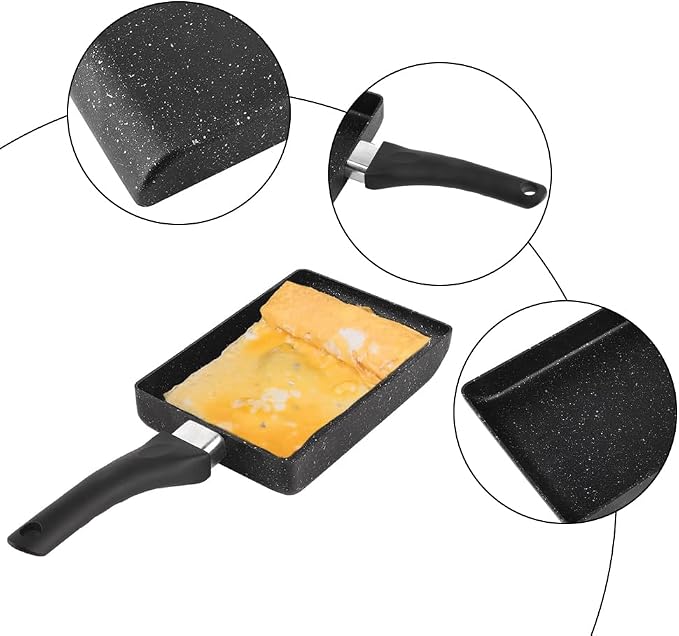Joyzan Square Japanese Omelette Pan, Tamagoyaki Egg Skillet Maker Nonstick | Roll Rectangle Tamago Frying Rectangular Kitchen Cooking Griddle Tools Plastic Handle Baking Pancake Induction Cooktop Black