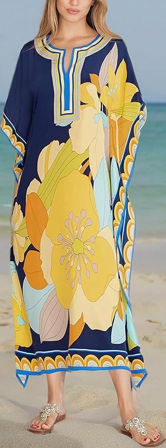 Venasha Womens Caftan Floral Print Kaftan Dress Short Sleeve Swimsuit Cover up Loungewear for Summer