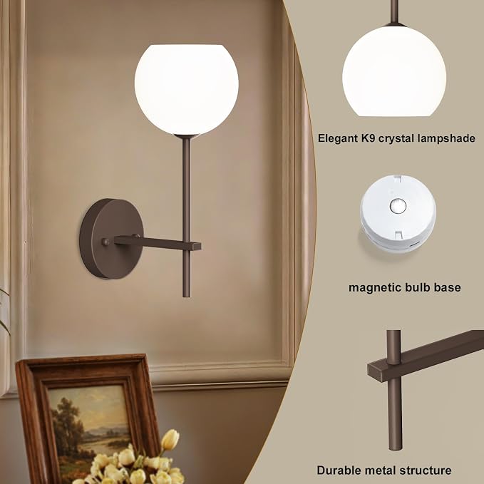 Brown Battery Operated Wall Sconces Set of 2, Rechargeable Wireless Wall Lights with Milky White Frosted Glass, 12 RGB and 3CCT Dimmable Wall Lamps with Remote for Bedroom Living Room Hallway
