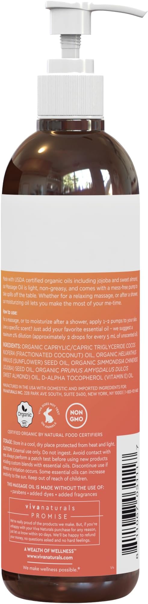 Viva Naturals Organic Massage Oil, Unscented, 8 fl oz (237 mL) – Non-Greasy, Certified Organic Massage Therapy Oils