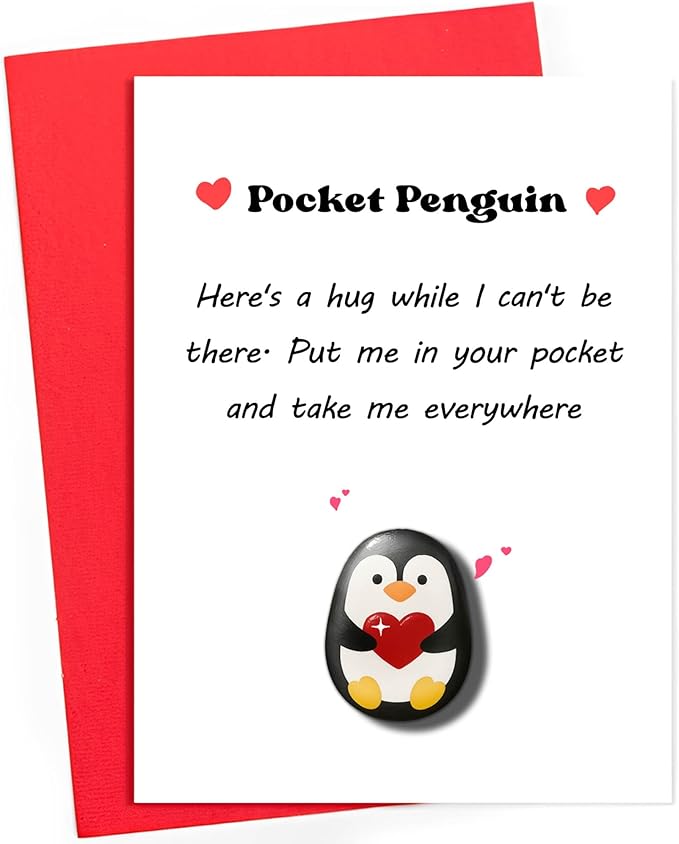 Handmade Pocket Penguin Pebble โ Pocket Hug Mini Gift โ Cute Hand-Painted Affirmation Token with Card โ Long Distance Hug, Encouragement for Friends, Kids, or Anxiety Relief for Boyfriend, Girlfriend, Couples (Penguin Hug)