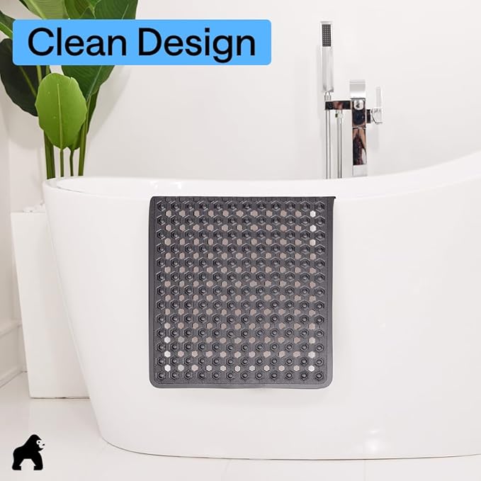 GORILLA GRIP Patented Square Shower Stall Mat, Small Bathtub Floor Mats for Stand Up Showers, Suction Cups and Drain Holes, Machine Wash, Soft on Feet, Bathroom Accessories 21x21 Inch, Charcoal Opaque