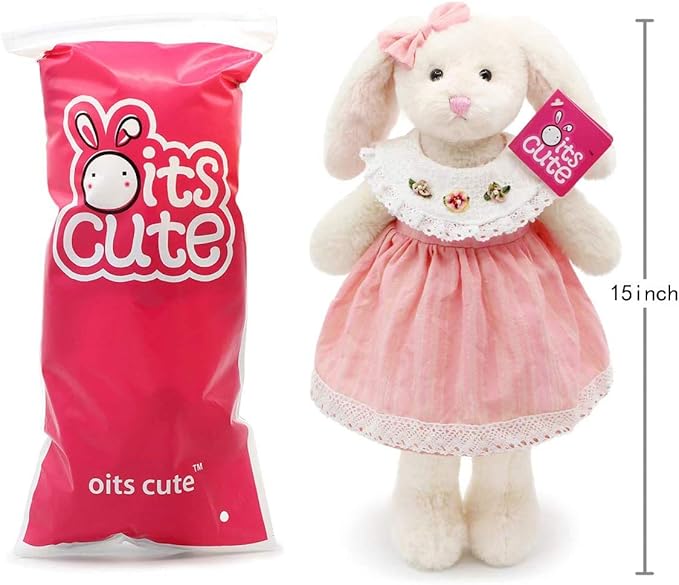 Small Soft Stuffed Animal Bunny Rabbit Plush Toy for Baby Girls 15inch (White Rabbit Wearing Pink Lace Dress)
