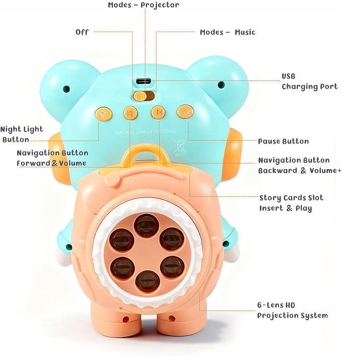 Little Bear Story Dream Projector, Interactive Play & Early Learning Toys for Kids, Includes 11 Fairy Tale Stories & 9 Word Cards, Night Light, Fun Bedtime Educational Gifts for Boys & Girls Ages 2-6