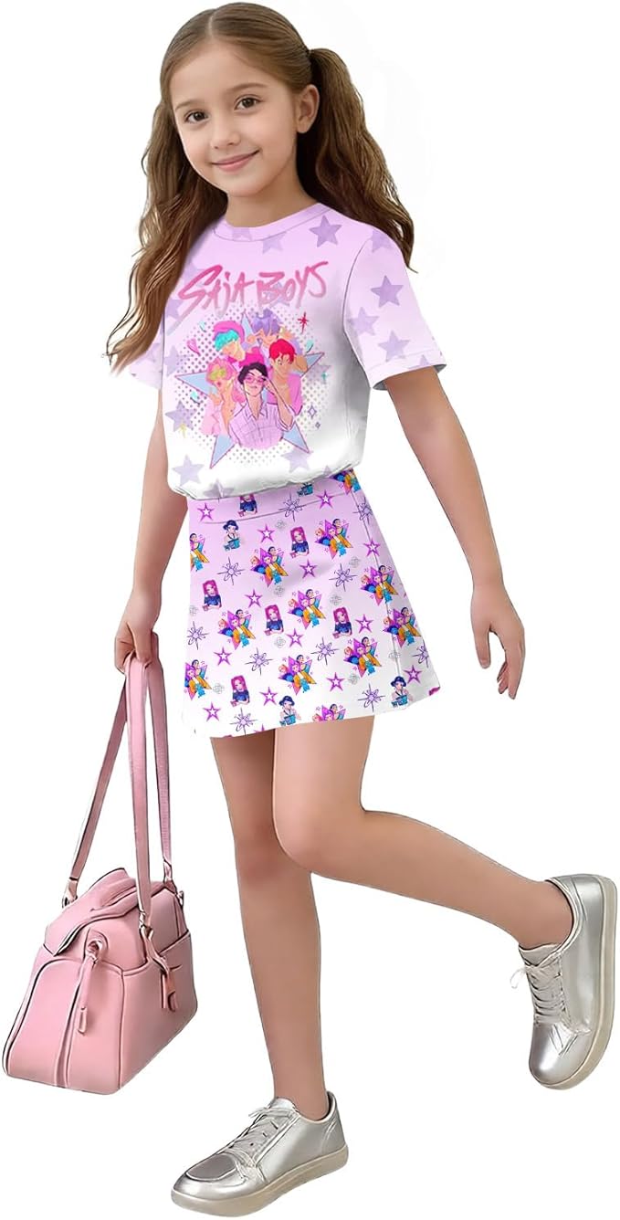 Girls 2-Piece Anime Outfit Set, Short Sleeve Graphic T-Shirt and Printed Skirt Set