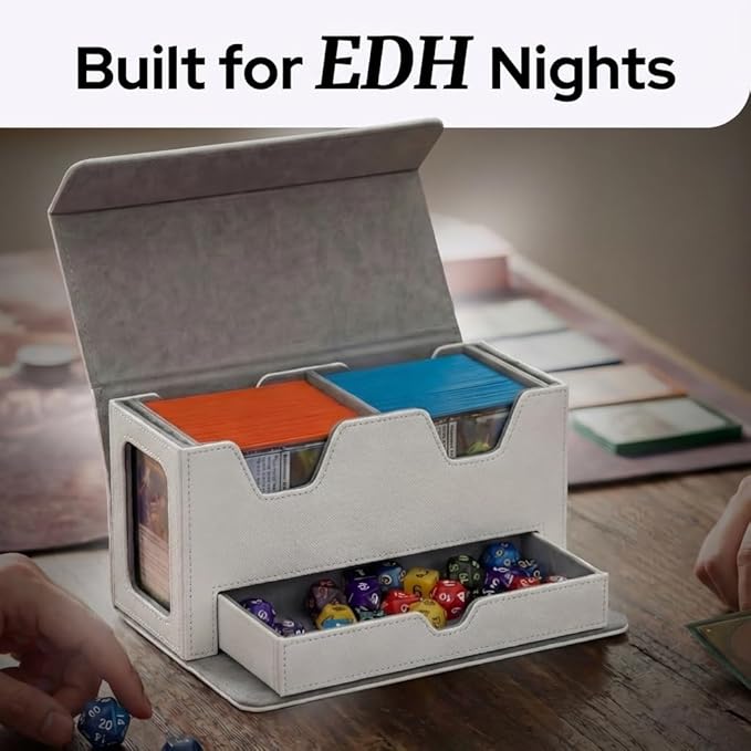 Card Deck Box Fits 200+ Double Sleeved,Commander Deck Box for Magic the Gathering with Dice Tray & Toploader Display,2 Dividers