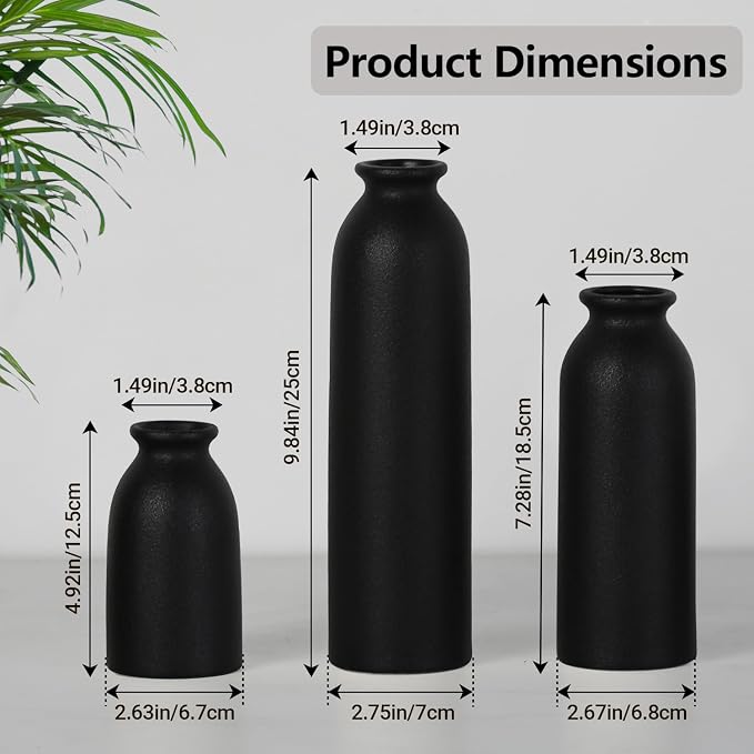 CEMABT Black Ceramic vase Set-3 Flower vases for Decor,Modern Boho Farmhouse Home Decor,Decorative vase for Pampas Grass&Dried Flowers,idea Shelf,Table,Bookshelf