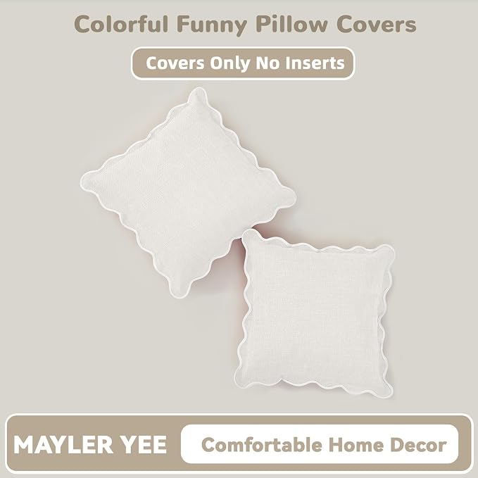 Scalloped Pillow Covers Set of 2 for Living Room | Decorative Sofa Couch Pillows | Boho Sytle Decorative Home | Aesthetic Funky Preppy Pillow Cases (Beige & White, 24x24 Inch)