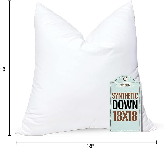 Pillowflex Synthetic Down Pillow Insert 18x18 in - Karate Chop Pillow | Small Square Sham Form, Plush Polyester Cotton Blend, Cloud-Like Comfort, Clump-Resistant Fill, Smooth Elegant Finish