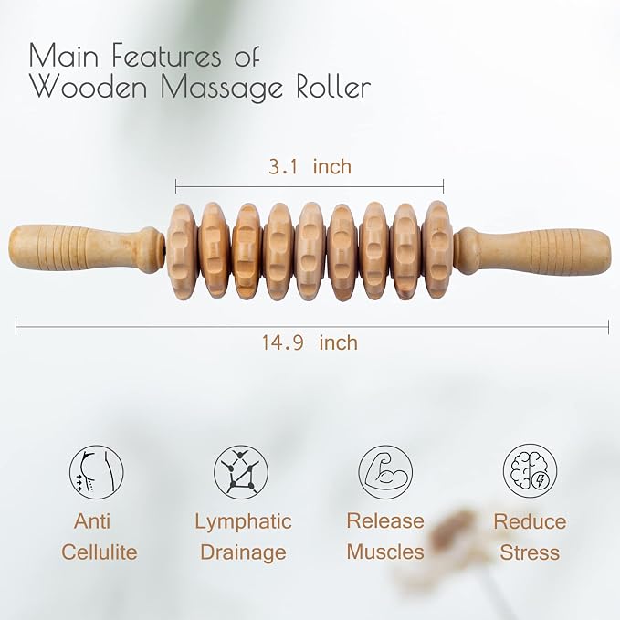 Wooden Massage Roller for Body Shaping, Wood Therapy Roller with 9 Rotating Rollers, Anti-Cellulite Body Sculpting Massage Tool for Muscle Relaxation